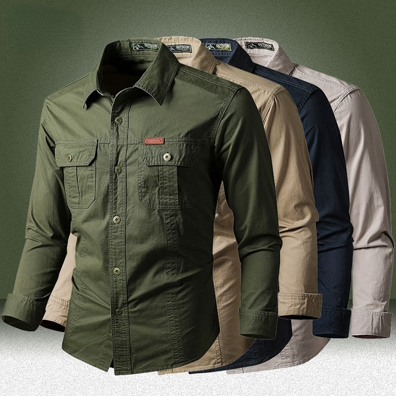 Camisa Comprida Military Com Bolsos, Botões e Design Único Original (Você Ganha Um Relógio A Prova D'Água de Brinde)